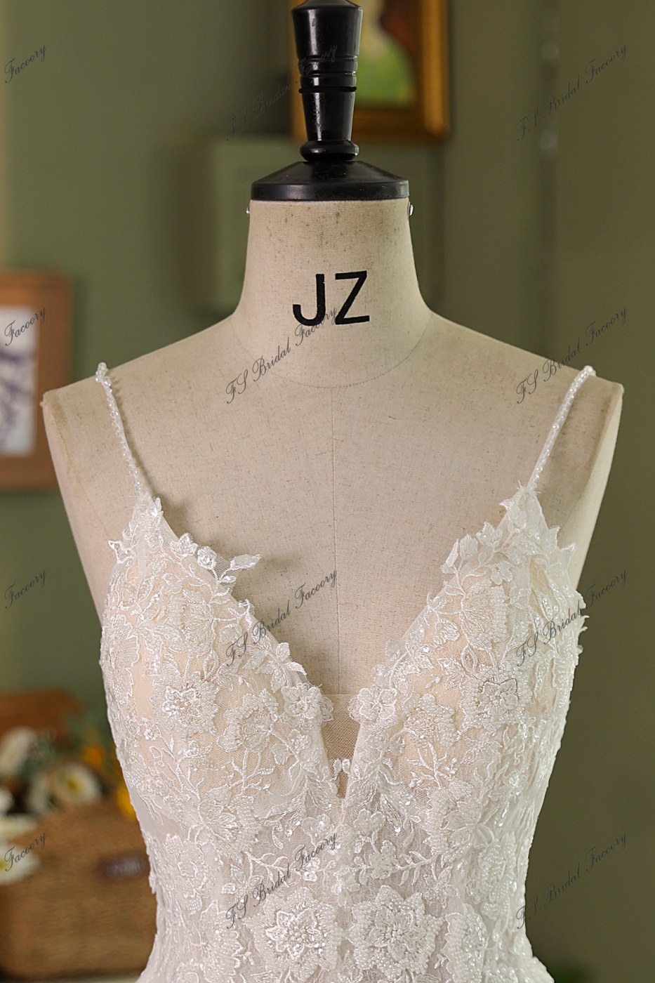 Spaghetti straps A Line Gown Beaded Lace Wedding Dress