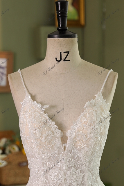 Spaghetti straps A Line Gown Beaded Lace Wedding Dress