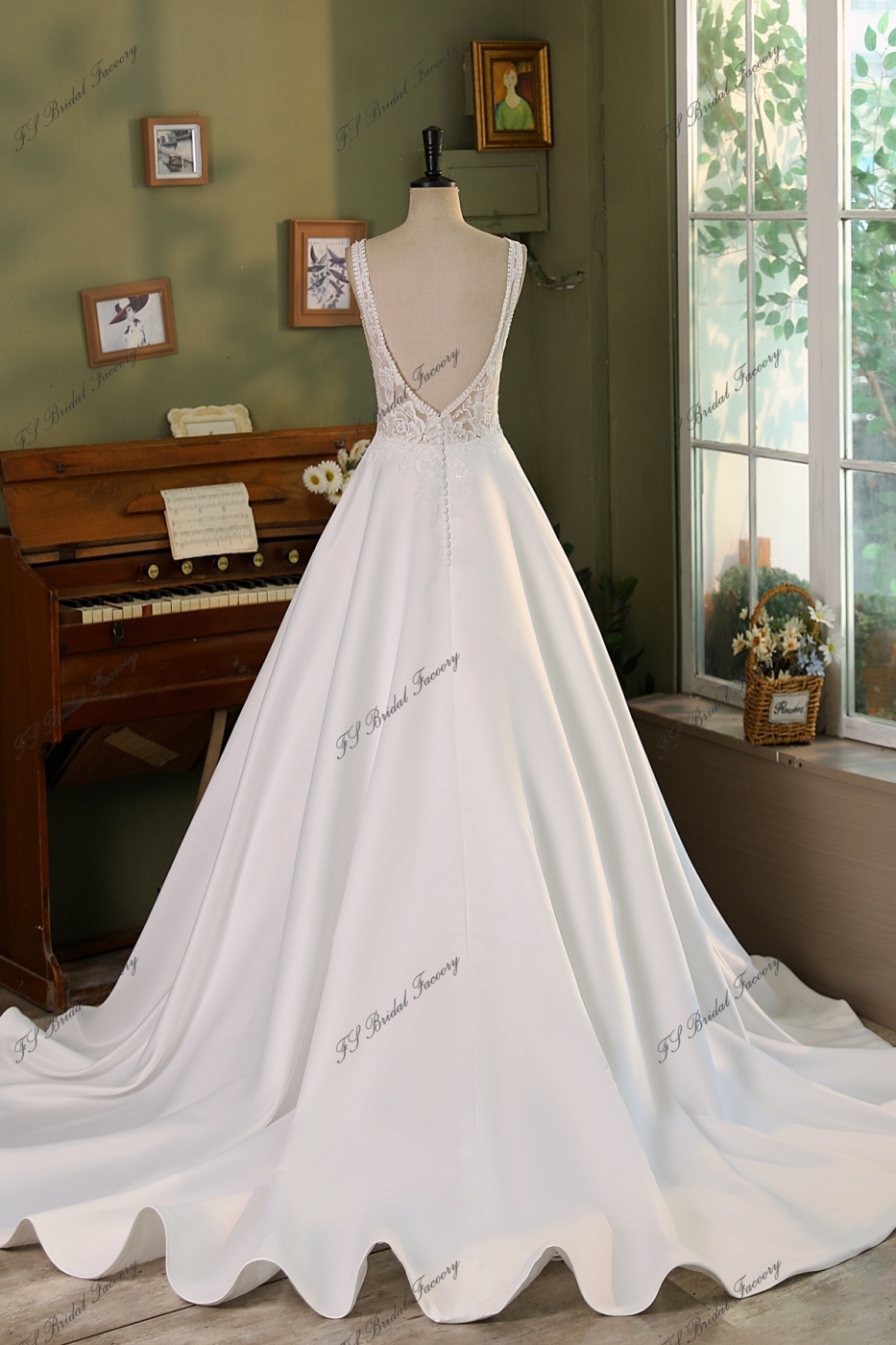 V Neck Soft Satin Lace Wedding Dress