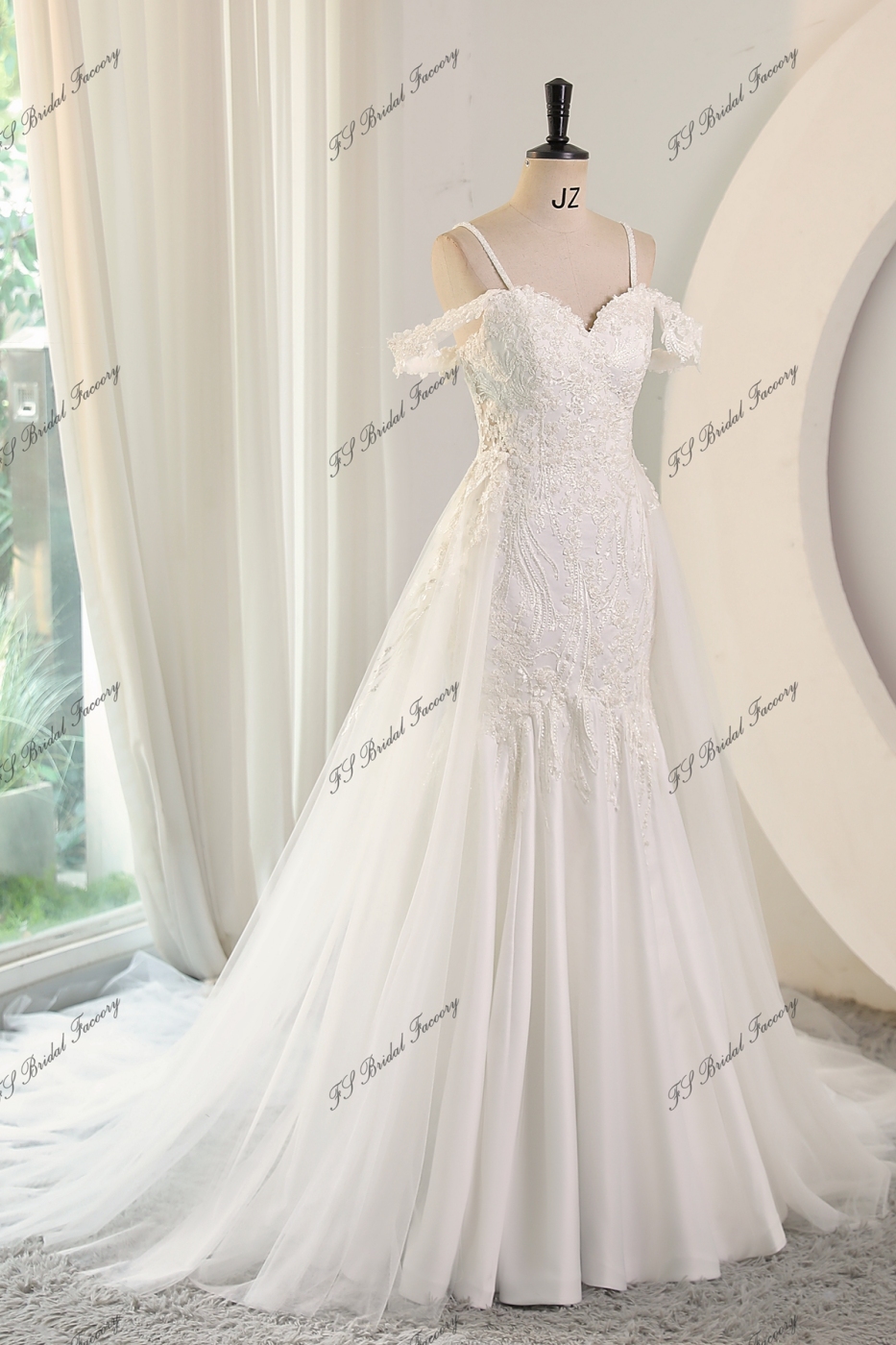 Soft Satin Mermaid Wedding Gowns With Detached Over Skirt