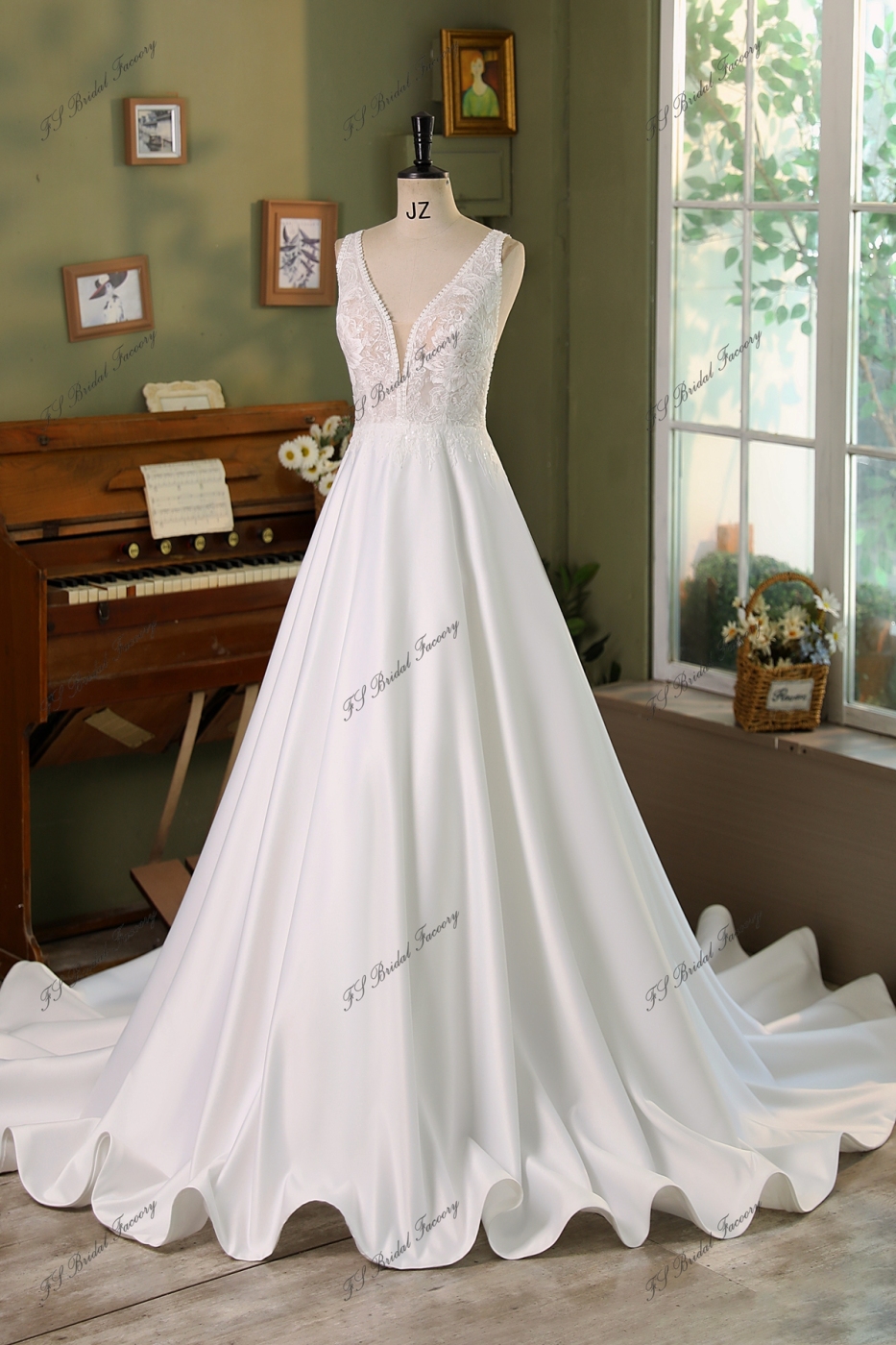 V Neck Soft Satin Lace Wedding Dress