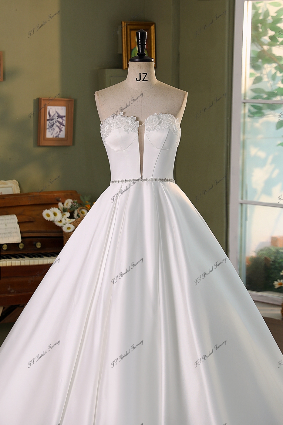 Soft Satin Ball Gowns Wedding Dress With 3D Beading Flowers