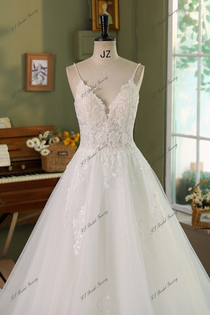 Spaghetti straps A Line Gown Beaded Lace Wedding Dress