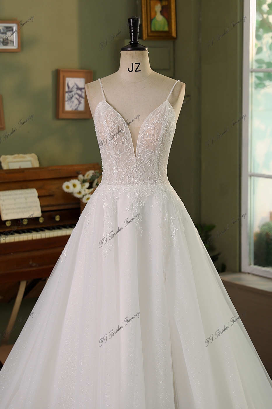 Spaghetti straps A Line Gown Beaded Lace Wedding Dress