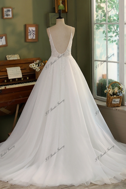 Spaghetti straps A Line Gown Beaded Lace Wedding Dress