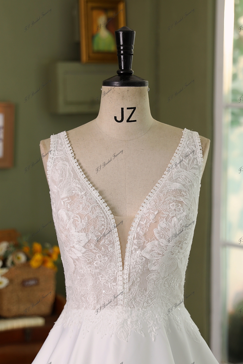 V Neck Soft Satin Lace Wedding Dress