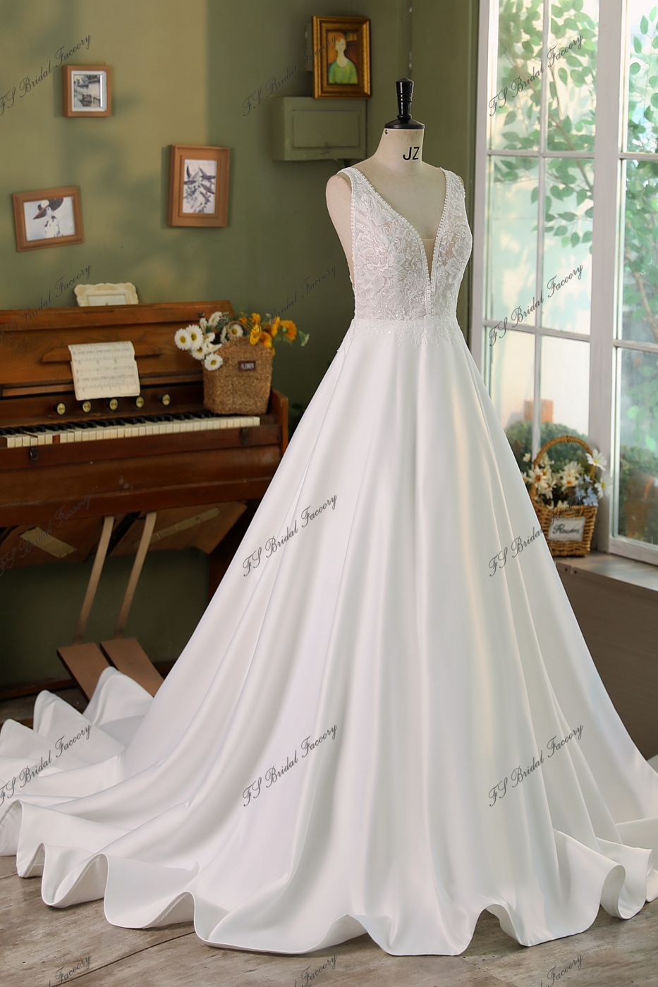 V Neck Soft Satin Lace Wedding Dress