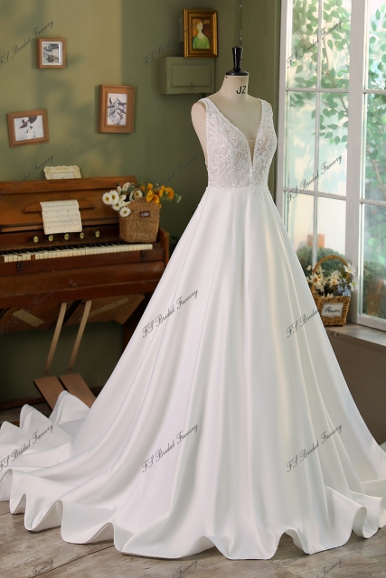 V Neck Soft Satin Lace Wedding Dress