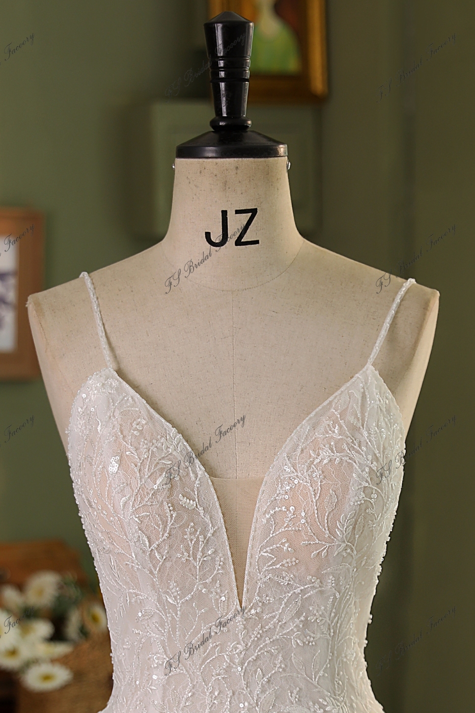 Spaghetti straps A Line Gown Beaded Lace Wedding Dress