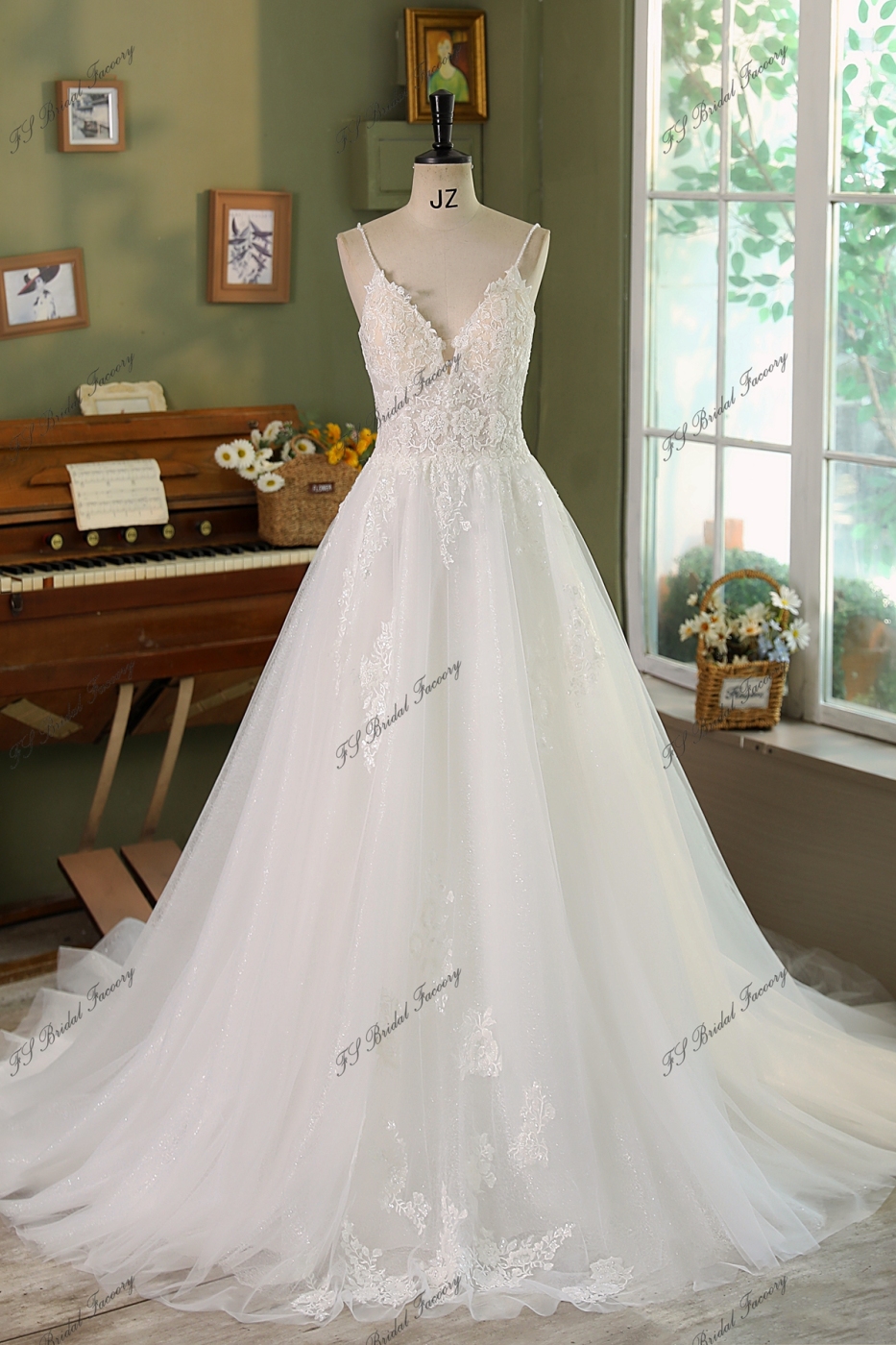 Spaghetti straps A Line Gown Beaded Lace Wedding Dress