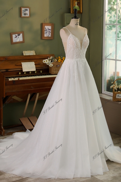 Spaghetti straps A Line Gown Beaded Lace Wedding Dress