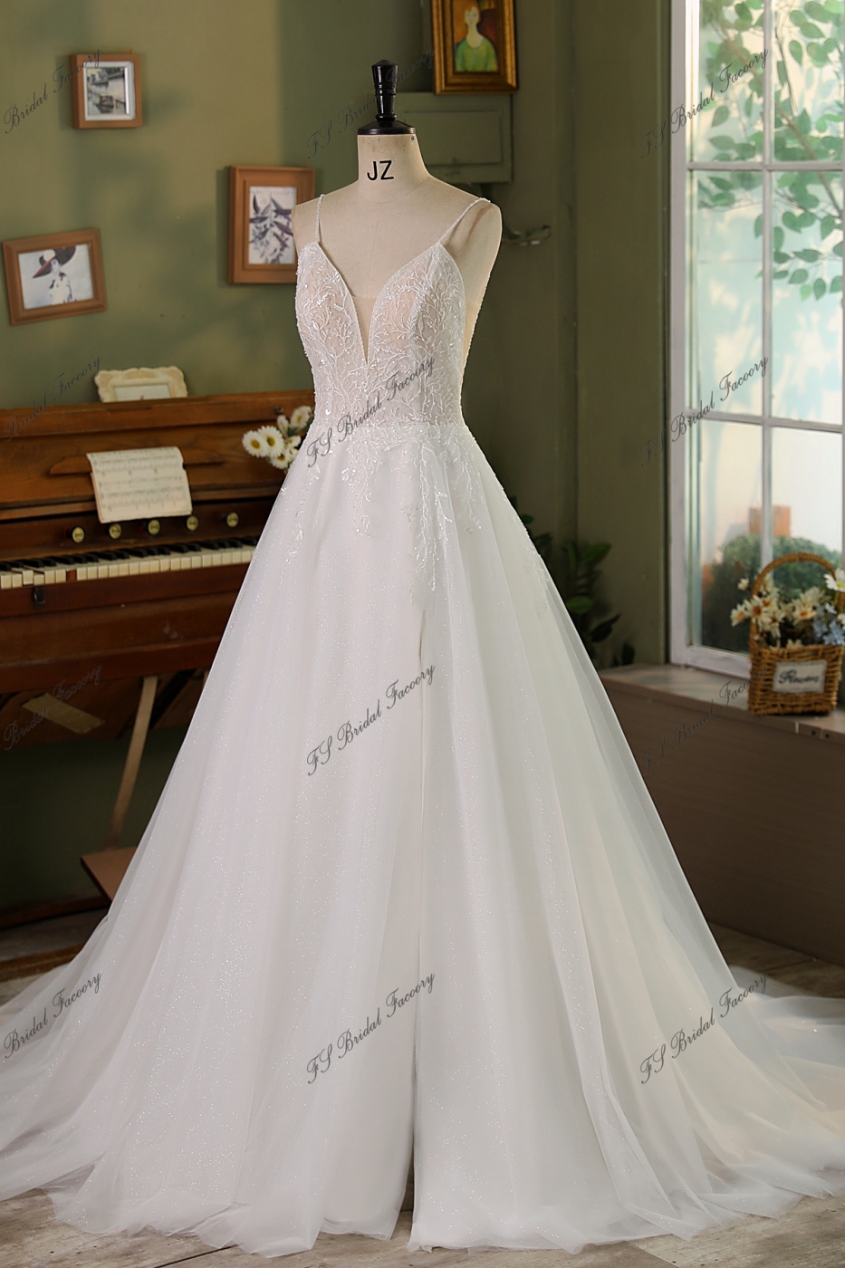 Spaghetti straps A Line Gown Beaded Lace Wedding Dress