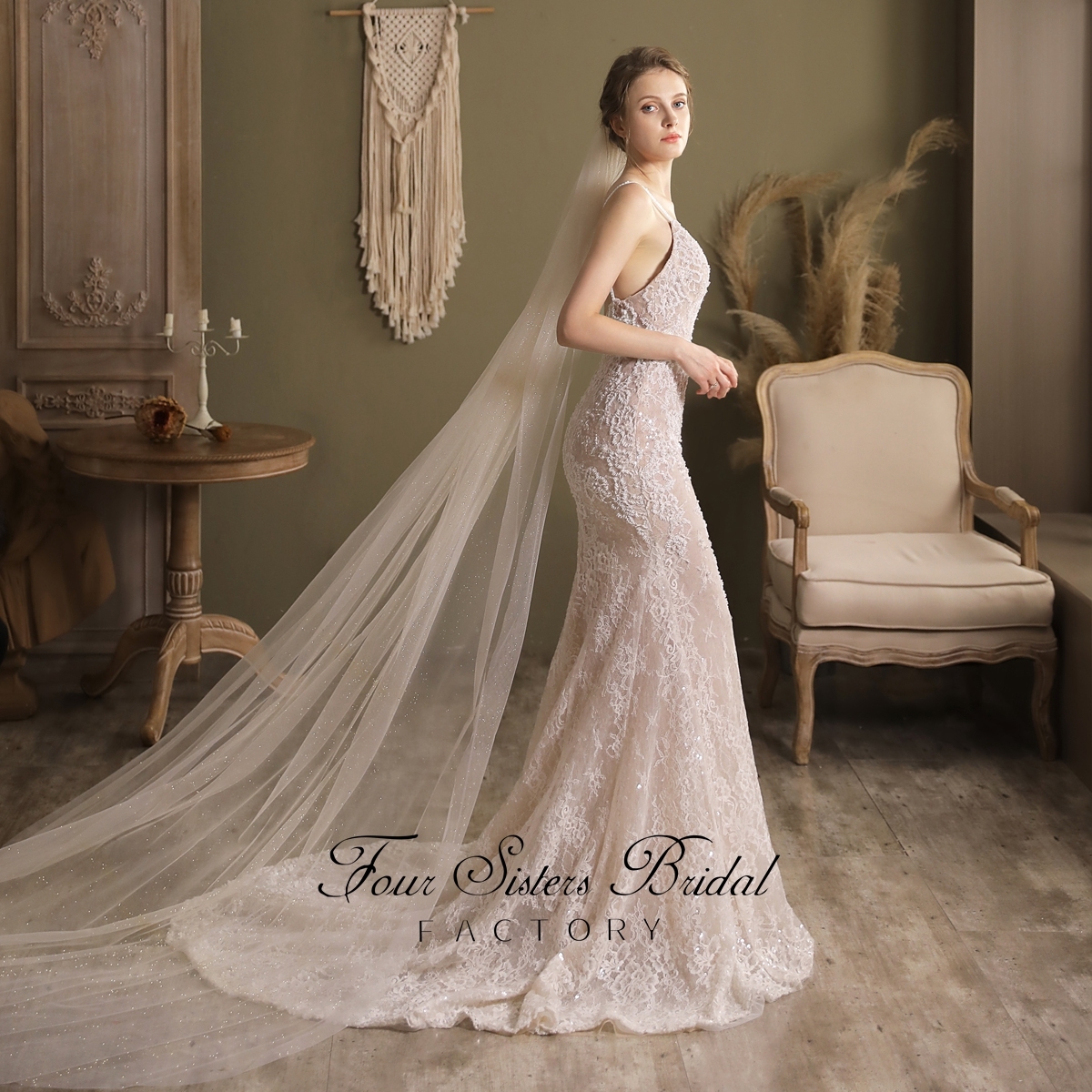 91 Inches Big Flowers Sequin Floral Lace Veil