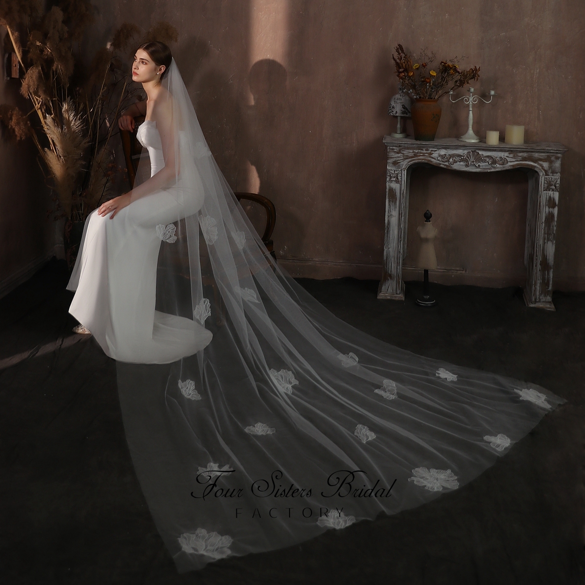 106 Inches  Bridal Veils With Big Flowers