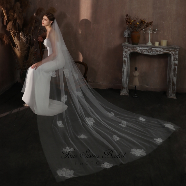 106 Inches  Bridal Veils With Big Flowers