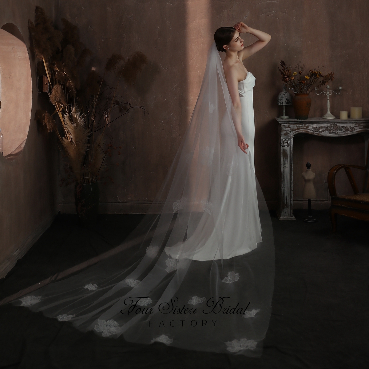 106 Inches  Bridal Veils With Big Flowers