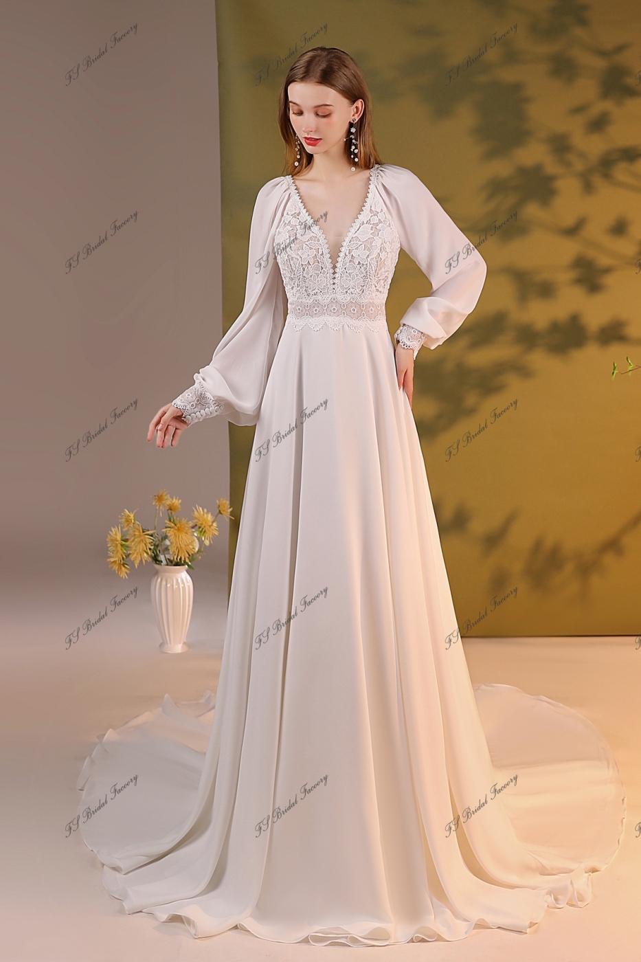 Romantic Bridal Gown With A Line Silhouette Chiffon Skirt