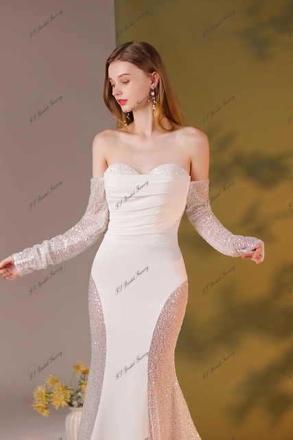 Beading Lace Crepe Bridal Dress With Detached Sleeve