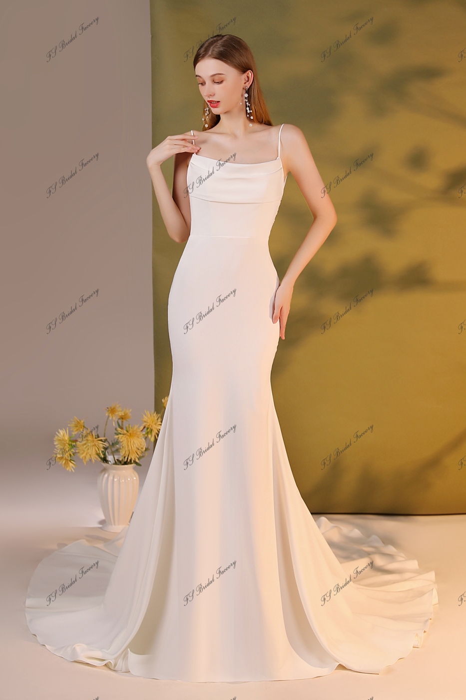 Detached Draped Cowl With Spaghetti Straps Crepe Gown