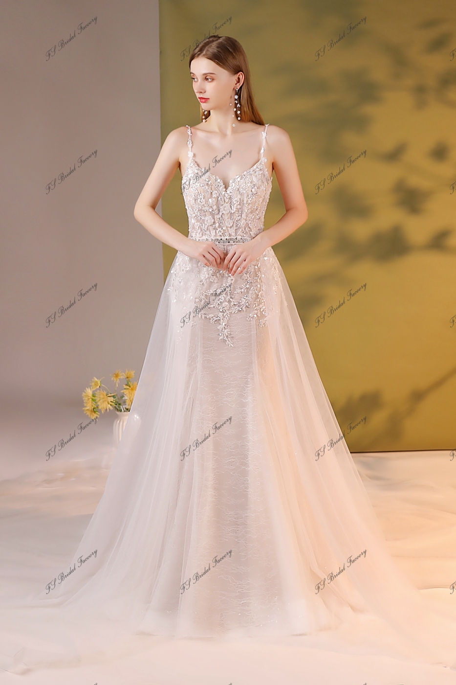 Crystal Beaded Embroidery Mermaid Wedding Dress With Detached Over Skirt