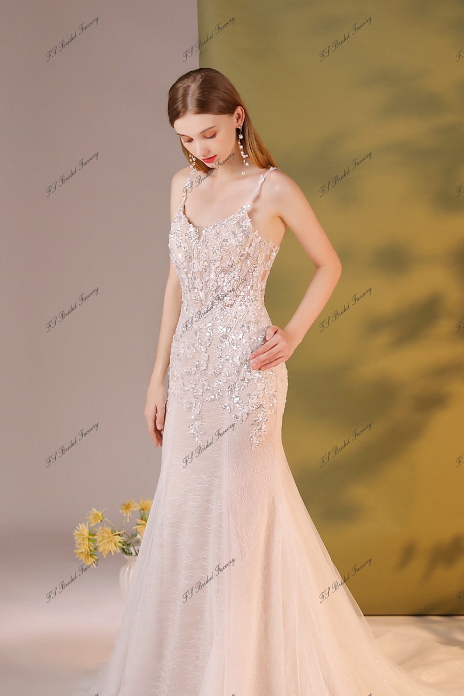 Crystal Beaded Embroidery Mermaid Wedding Dress With Detached Over Skirt