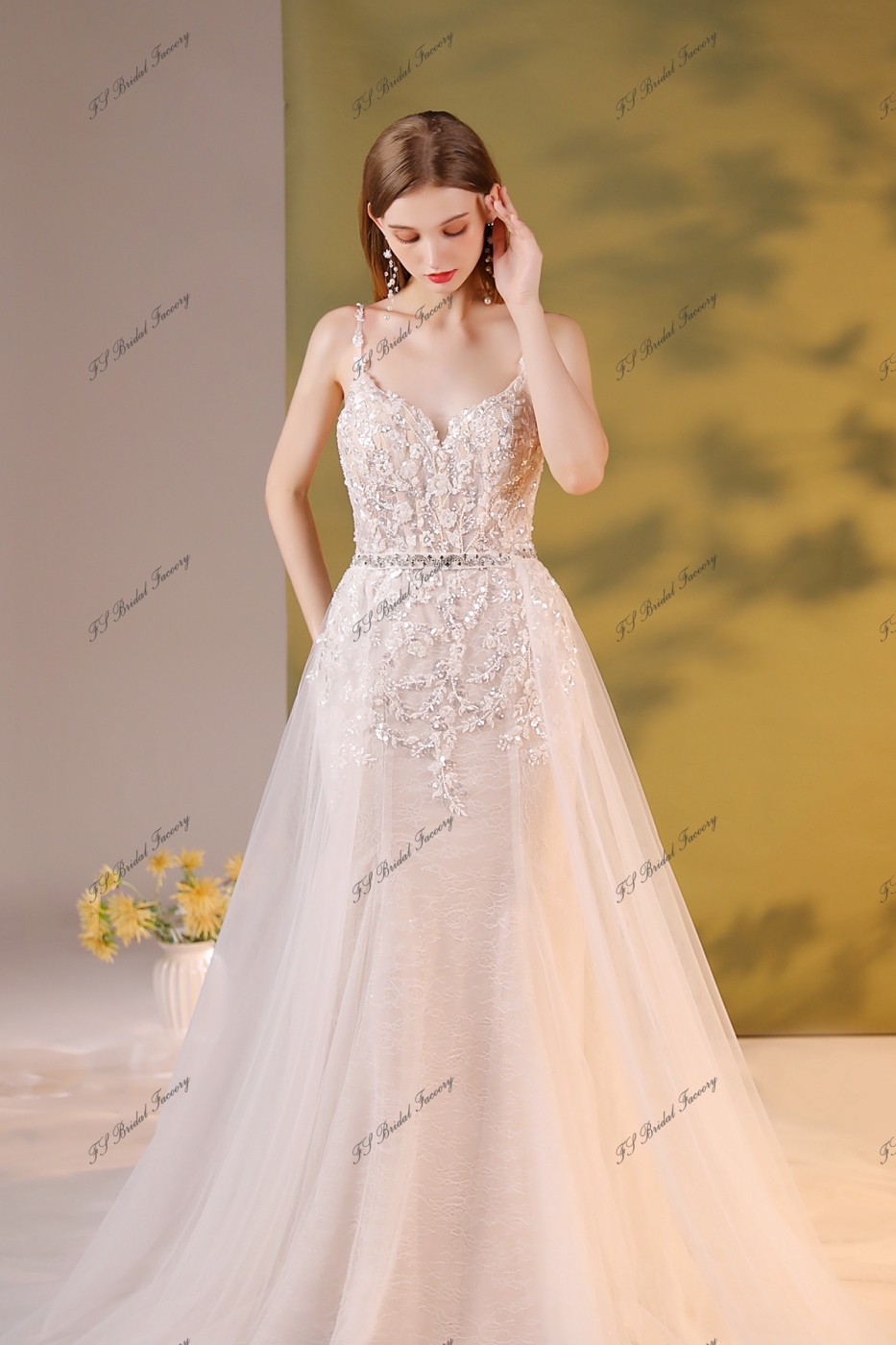 Crystal Beaded Embroidery Mermaid Wedding Dress With Detached Over Skirt