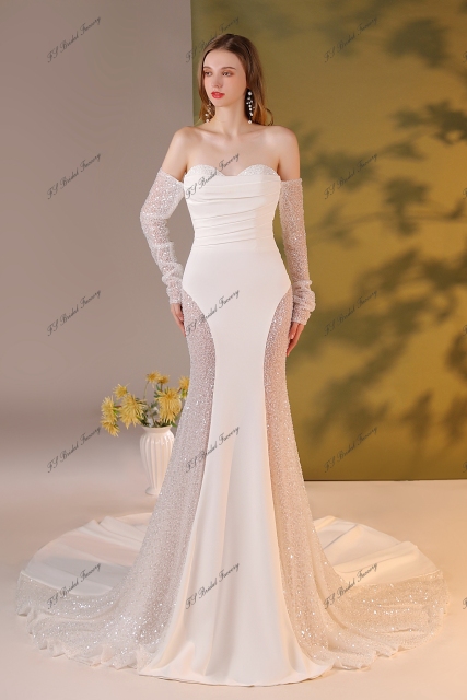 Beading Lace Crepe Bridal Dress With Detached Sleeve
