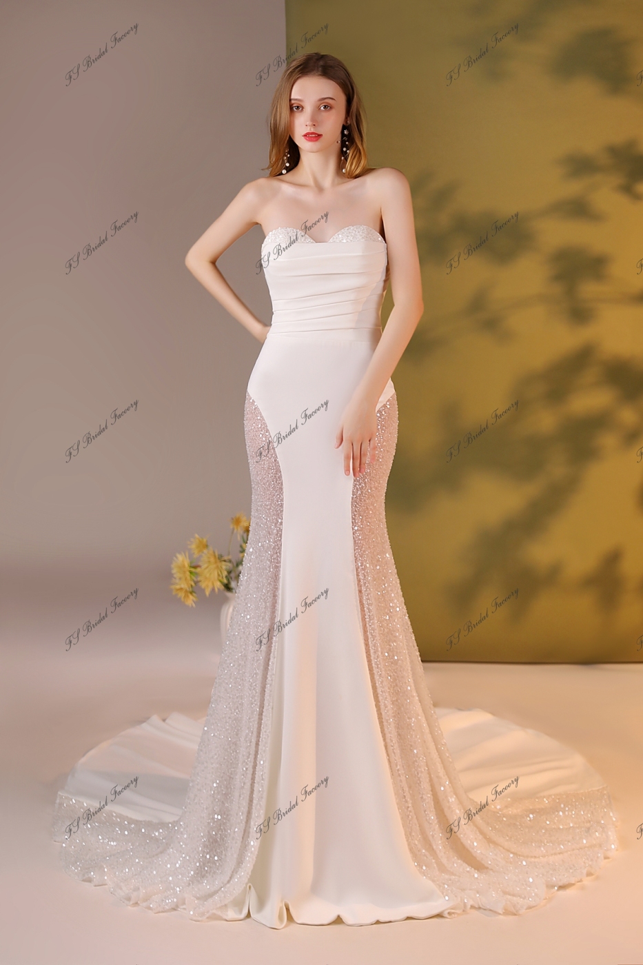 Beading Lace Crepe Bridal Dress With Detached Sleeve