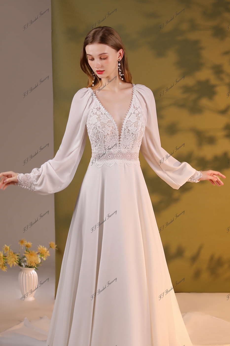 Romantic Bridal Gown With A Line Silhouette Chiffon Skirt