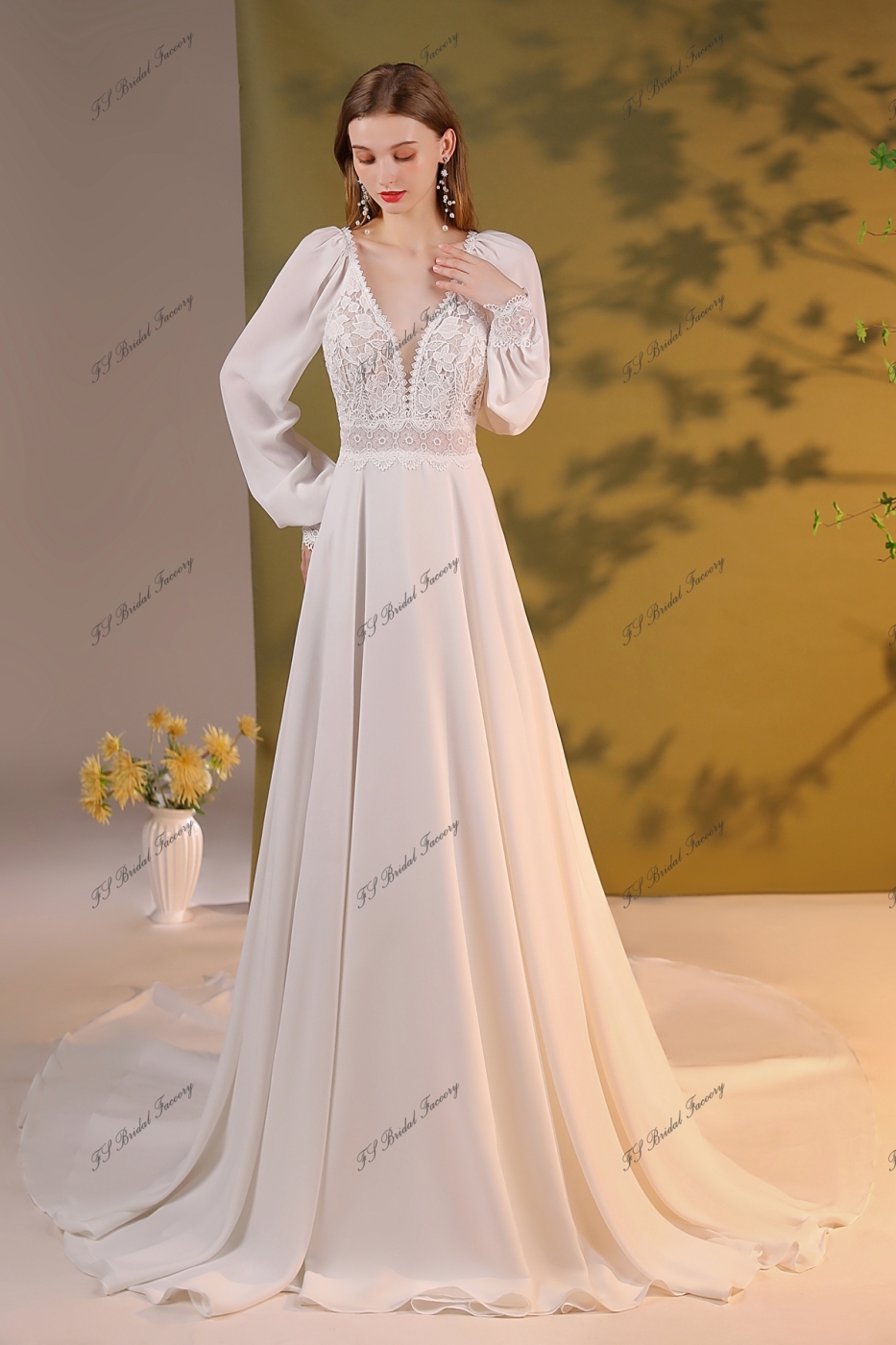 Romantic Bridal Gown With A Line Silhouette Chiffon Skirt