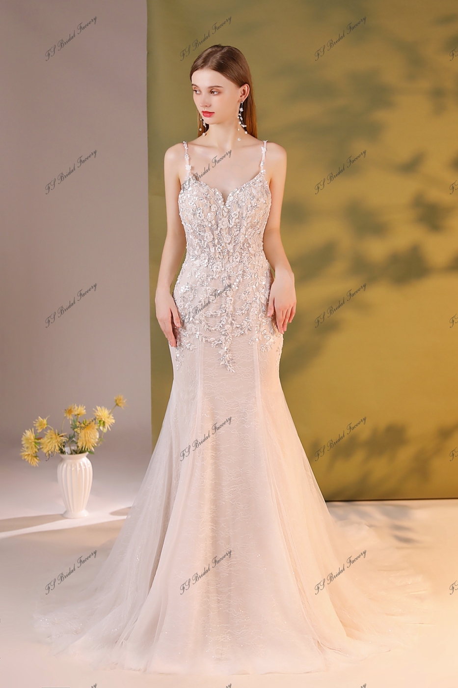 Crystal Beaded Embroidery Mermaid Wedding Dress With Detached Over Skirt