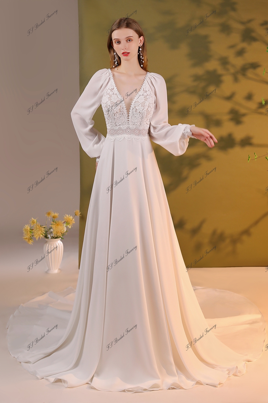 Romantic Bridal Gown With A Line Silhouette Chiffon Skirt