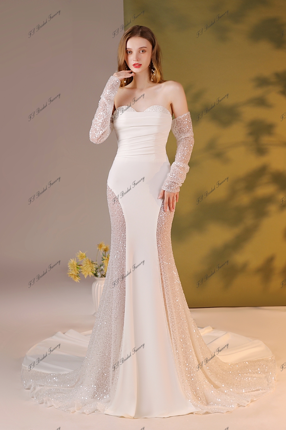 Beading Lace Crepe Bridal Dress With Detached Sleeve