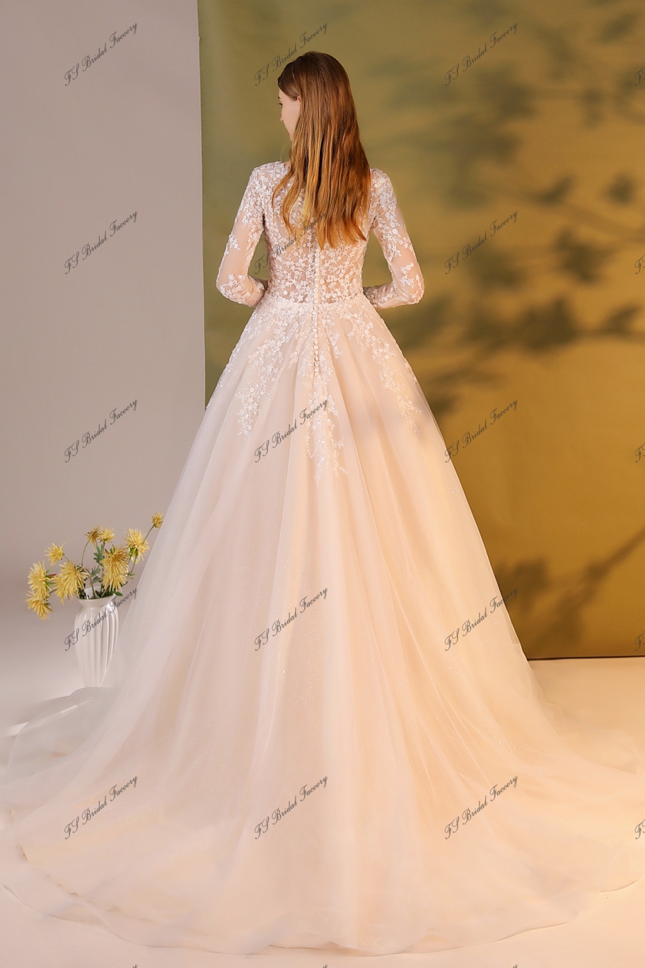 Long Sleeve A Line Glitter Tulle Beading Lace Bridal Gown