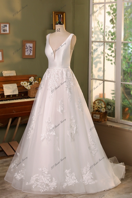 Simple Mikado Tulle Lace Applique  Bridal Dress