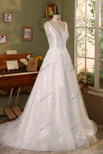Simple Mikado Tulle Lace Applique  Bridal Dress