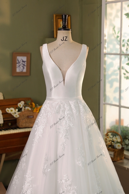 Simple Mikado Tulle Lace Applique  Bridal Dress