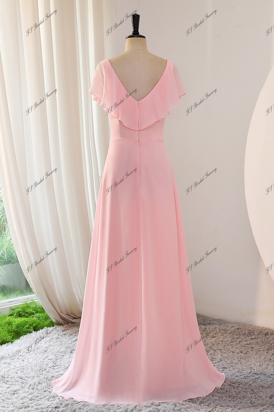 Ruffle Neckline Chiffon Bridesmaid Dress With Belt