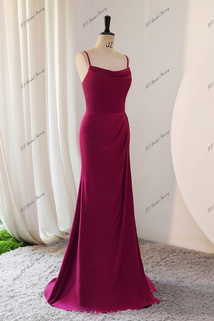 Spaghetti Straps Mermaid Pleat Satin Bridesmaids Dress With Slit