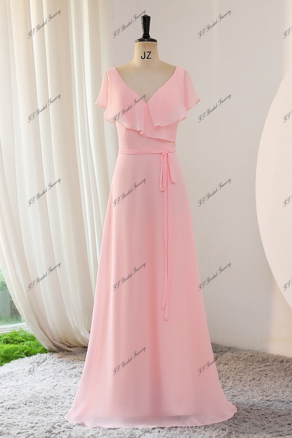 Ruffle Neckline Chiffon Bridesmaid Dress With Belt