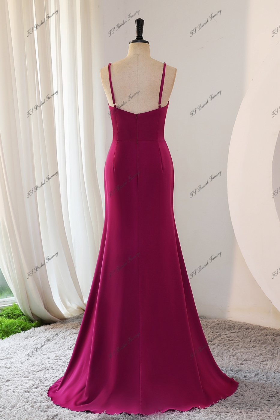 Spaghetti Straps Mermaid Pleat Satin Bridesmaids Dress With Slit