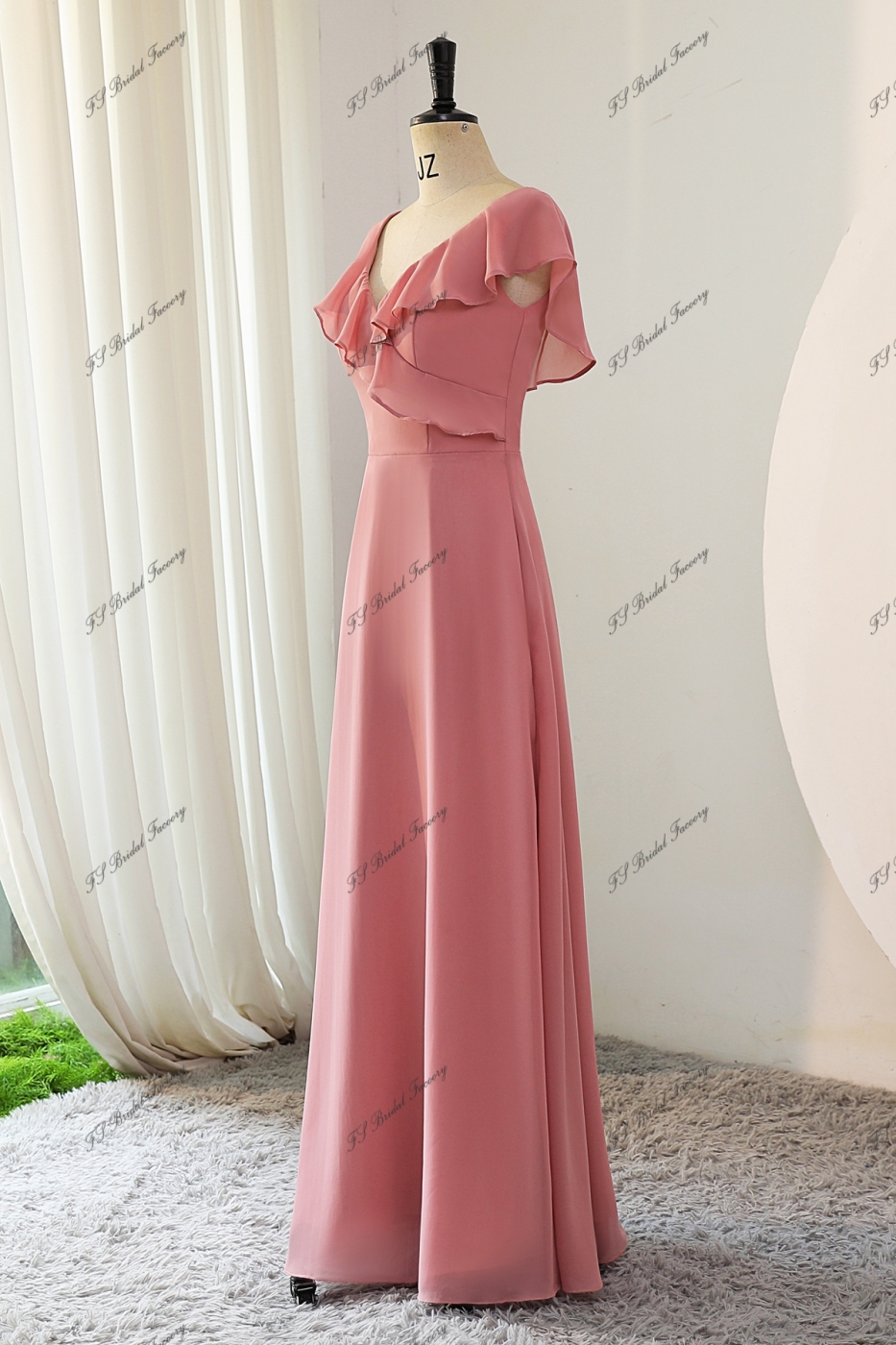 Ruffle Neckline Chiffon Bridesmaid Dress With Key Hole