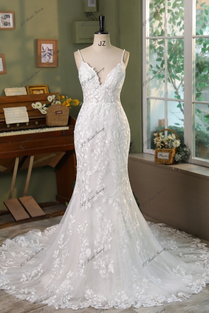Spaghetti Straps Deep V  Mermaid Bridal Dress