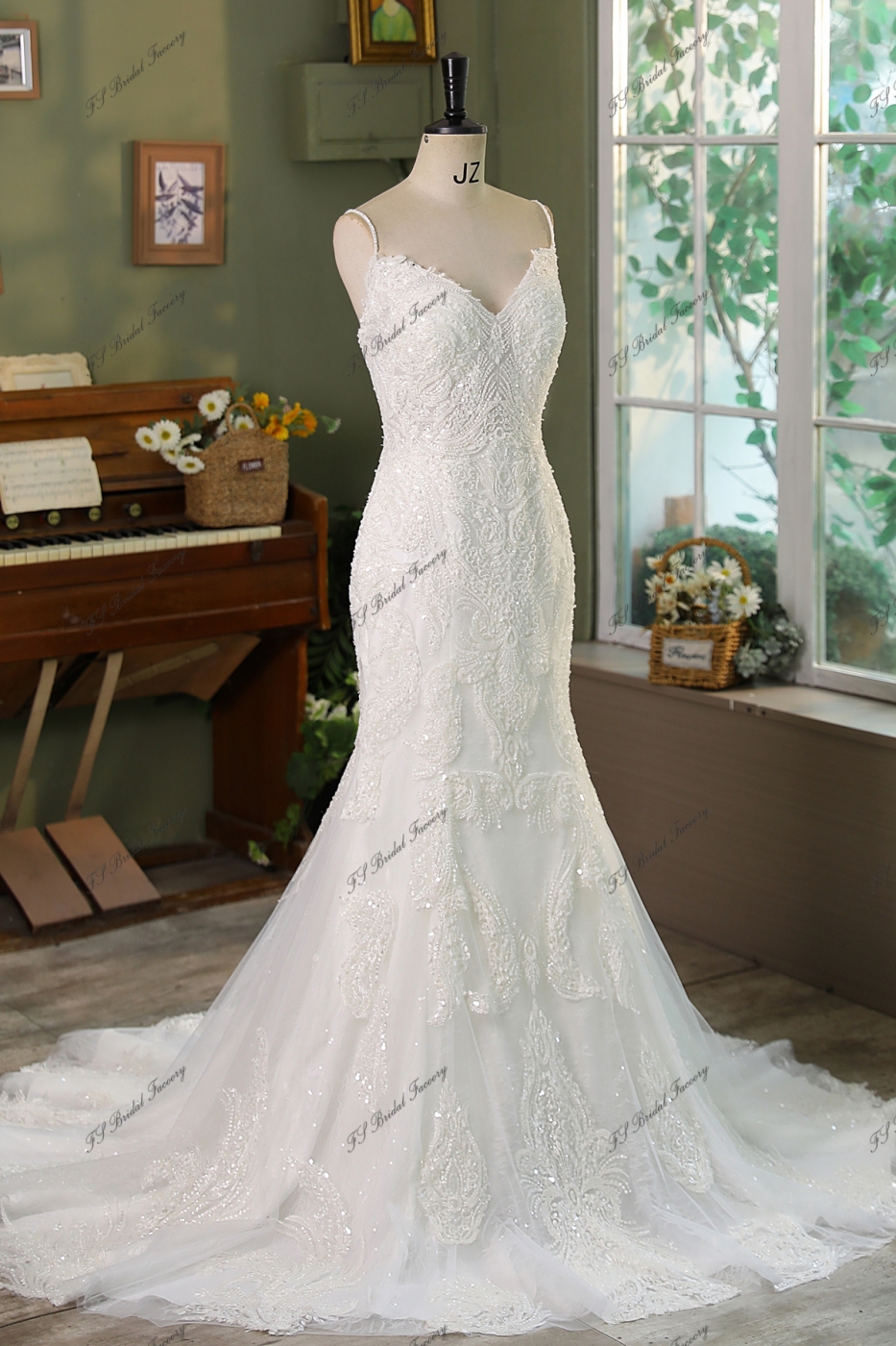 Spaghetti Straps Heavy Beading Lace Mermaid Bridal Dress