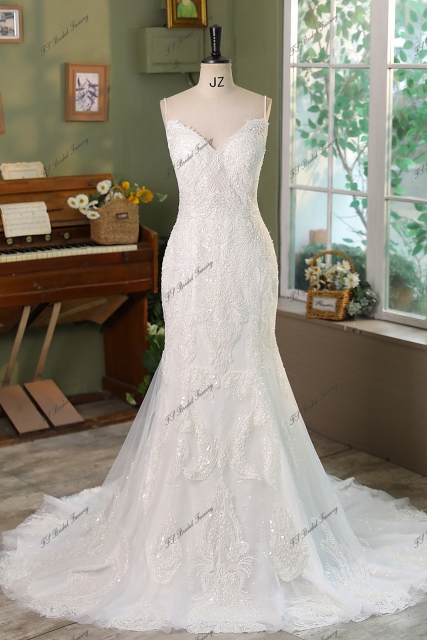 Spaghetti Straps Heavy Beading Lace Mermaid Bridal Dress