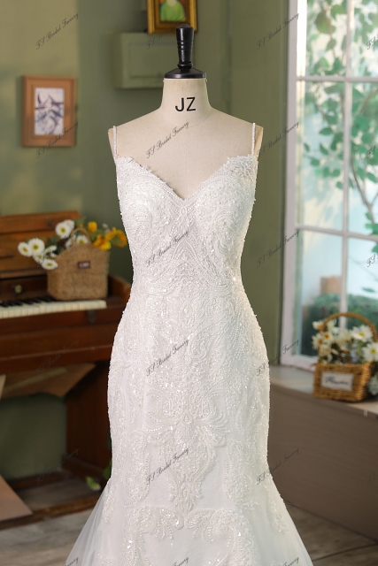 Spaghetti Straps Heavy Beading Lace Mermaid Bridal Dress