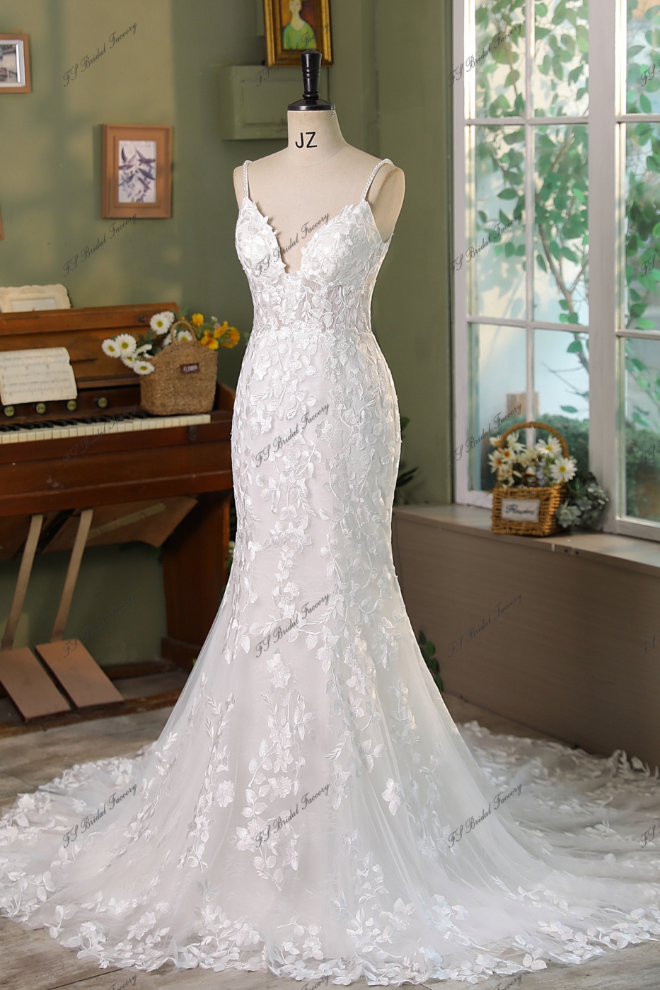 Spaghetti Straps Deep V Neck Mermaid Sweep Train Wedding Dress WD513