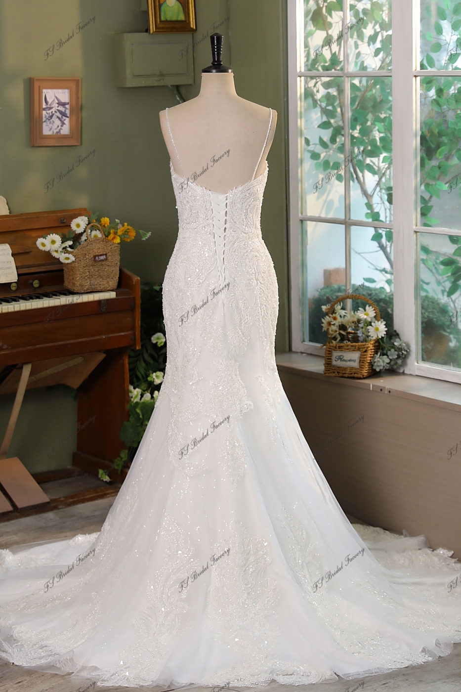 Spaghetti Straps Heavy Beading Lace Mermaid Bridal Dress