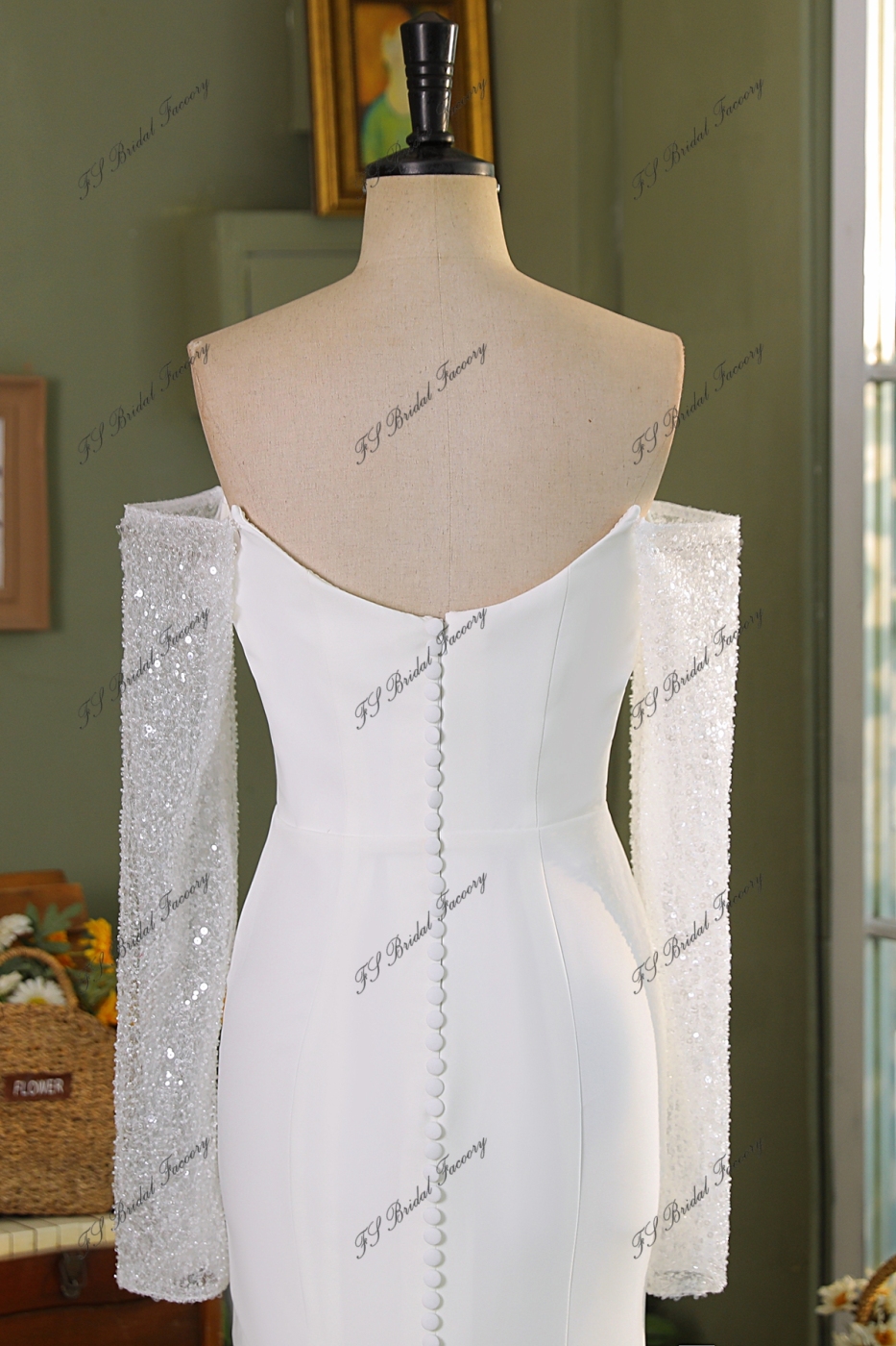 Detached Long Sleeve Beading Lace Crepe Bridal Dress