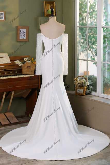 Detached Long Sleeve Beading Lace Crepe Bridal Dress